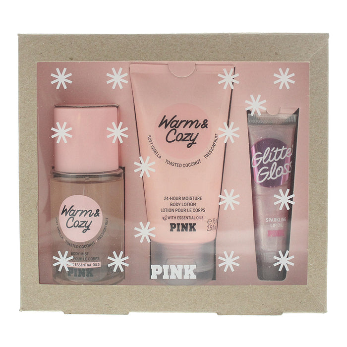 Victoria's Secret Pink Warm  Cozy 3 Piece Gift Set: Body Mist 75ml - Body Lotion 75ml - Sparkling Lip Oil 15ml