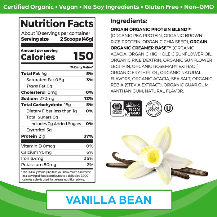 Orgain Organic Protein, Vanilla Bean - 462g