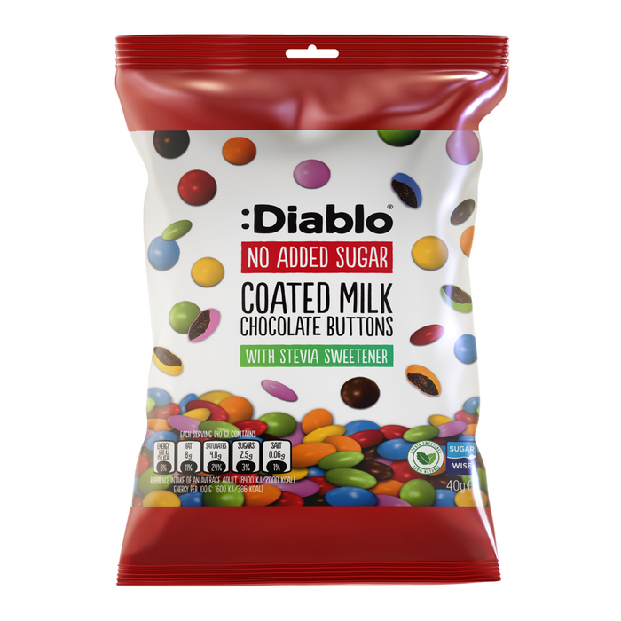 Diablo Sans Sucre : Boutons de chocolat au lait enrobés de sucre Diablo sans sucre ajouté 40 g