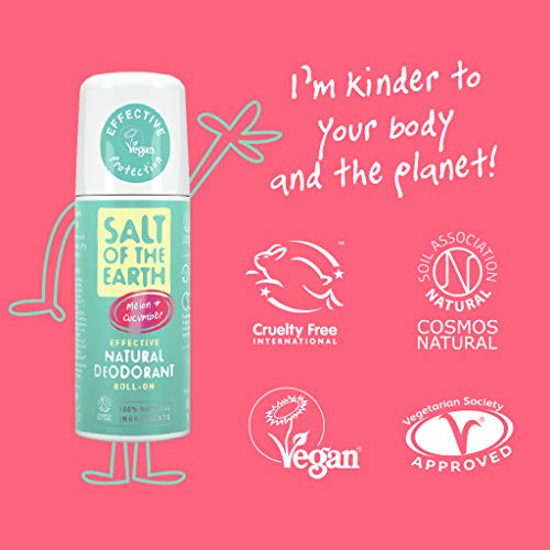 Salt of the Earth Natural Deodorant Roll On Melon & Cucumber - Vegan Long Lasting Protection Leaping Bunny Approved Cosmos Approved Made in the UK 75 ml