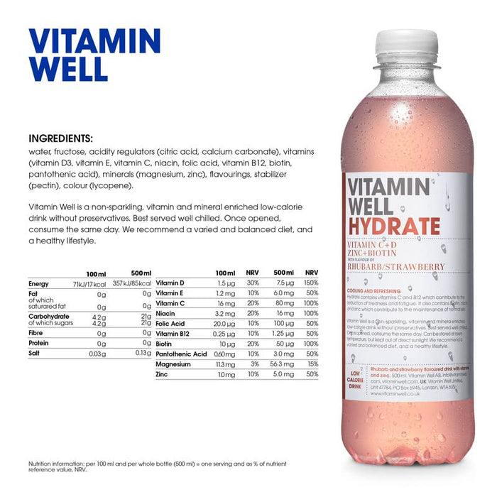 Vitamin Well Hydrate 12x500ml Rhubarb & Strawberry