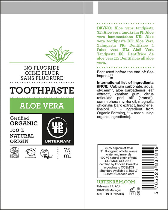 Urtekram Organic Aloe Vera Toothpaste 75ml